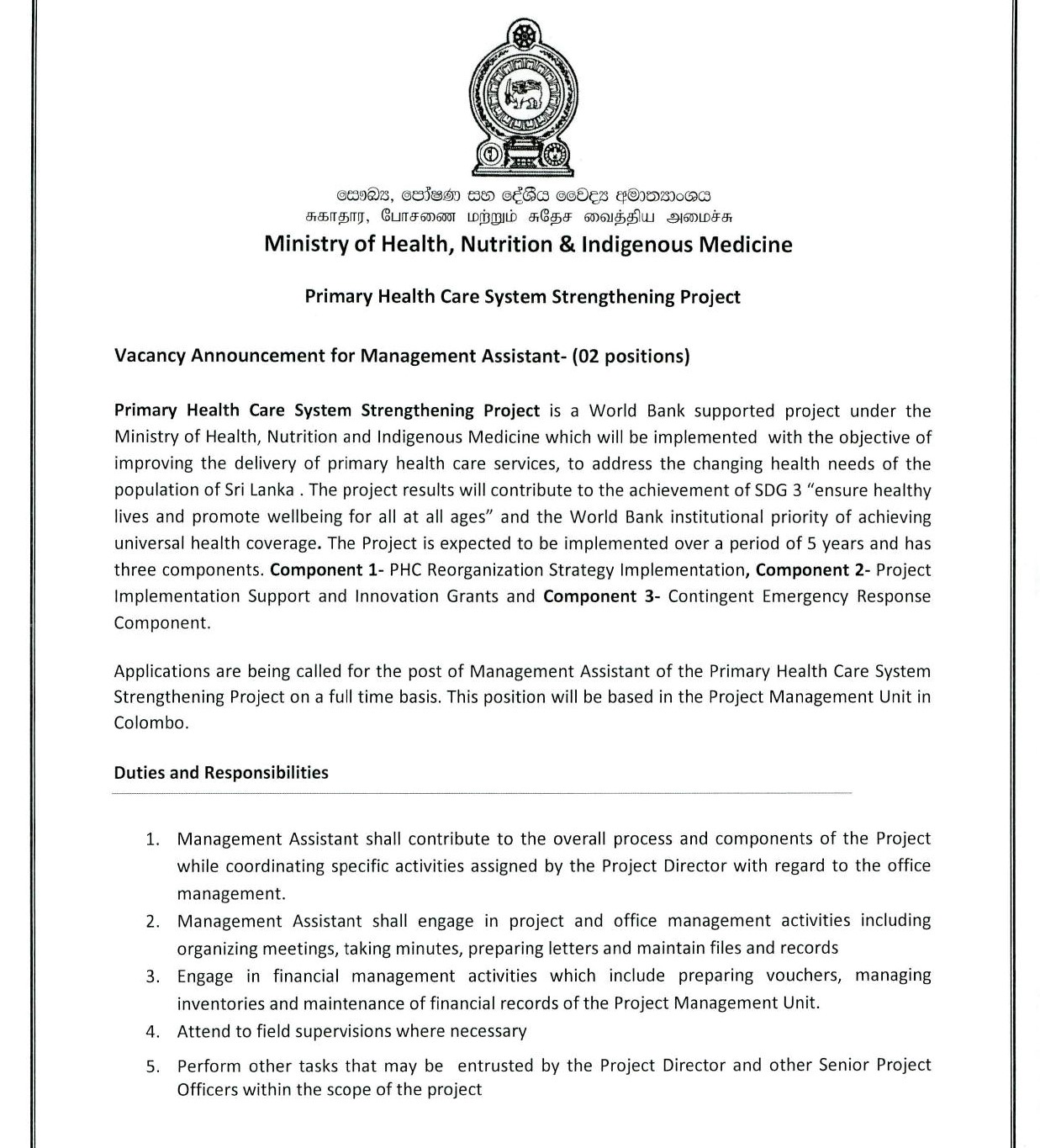 Management Assistant - Ministry of Health, Nutrition & Indigenous Medicine